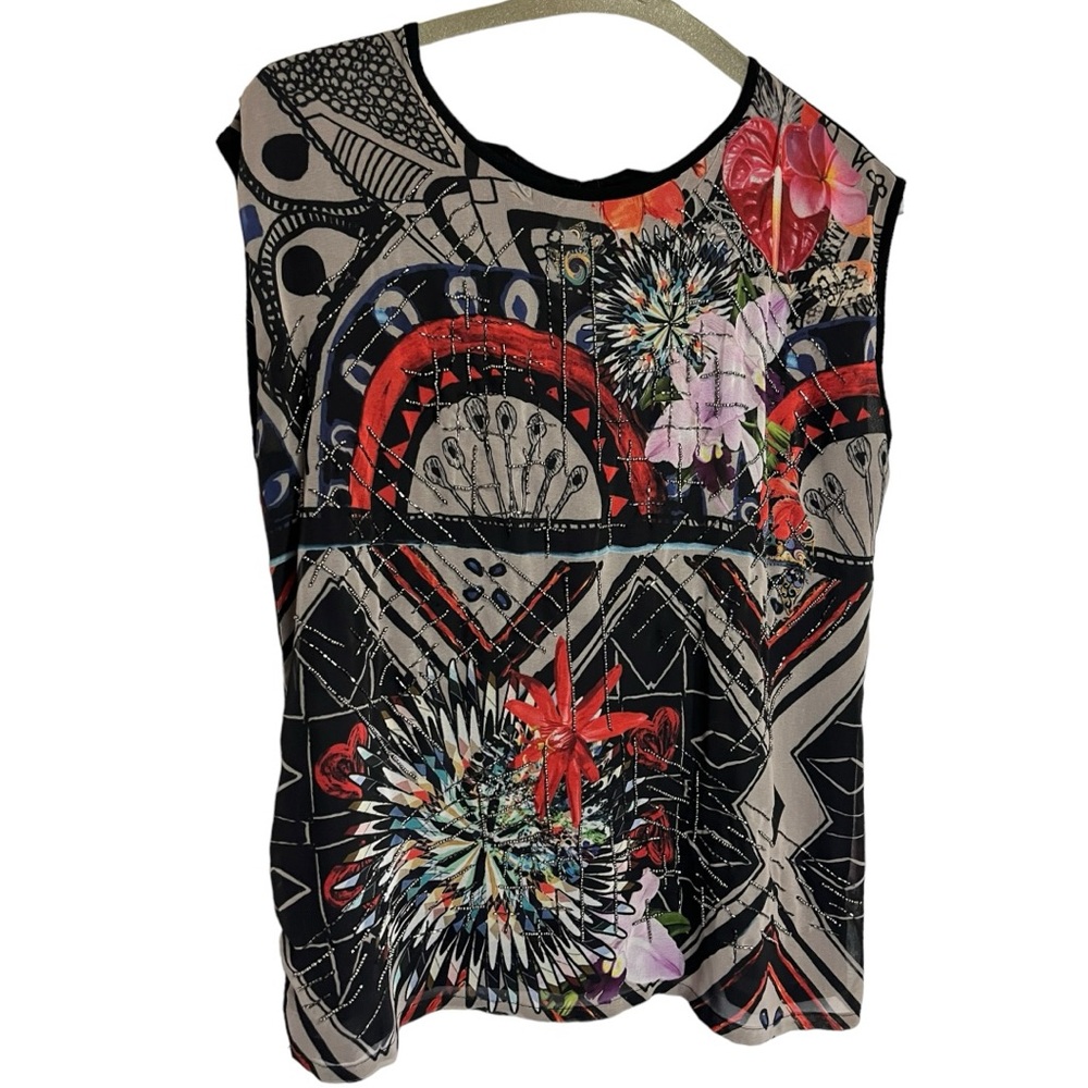 Desigual Multicolor Floral & Geometric Sleeveless Top - Black, Red, Pink, Cream